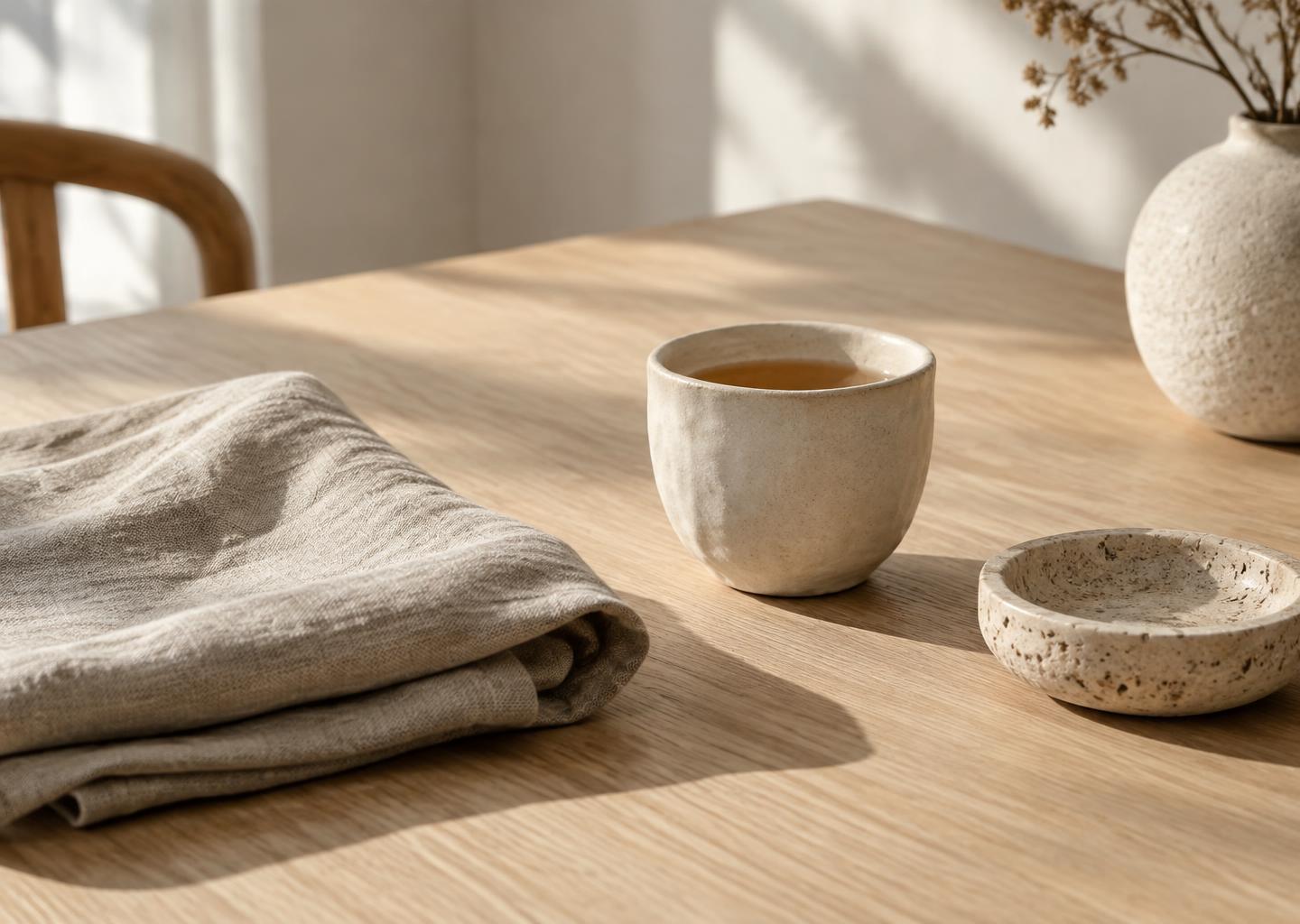 Un ritual tranquil: ceràmica, lli i fusta natural